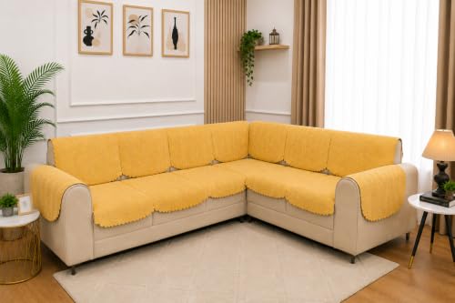 Image of 7 Seater L-Shape Sofa Cover with Arm Covers, Quilted Texture, Sectional Couch Protector for Living Room-Pack of 15 (Yellow)