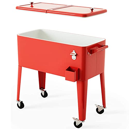 Giantex 80 Quart Rolling Cooler Cart, Steel Patio Cooler With Locking Wheels, Bottle Opener, Drain Plug, Outdoor Beverage Bar Cooler Trolley Ice Chest For Party Cookouts Backyard Bbq (Red) #TOP7