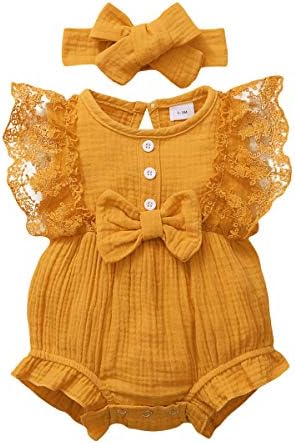 SOLOYEE 2PCS Newborn Baby Girl Romper 0-18M Summer Outfits Clothes, Ruffle Sleeve Jumpsuit Bodysuit + Headband