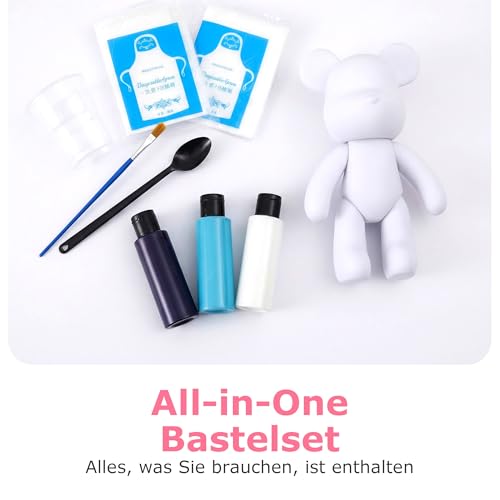 DIY-Malflüssigkeit Bär Figur Kit - Heimdekorationen Malen Bastelset, Haus Dekoration, Kreative Blanko Malerei, fluid bear painting I inkl. 3 Farben, Bär, Pinsel, Tischdecke, Schürze (Silber)