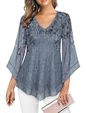 Gemulate Tops for Women UK Womens Blouses Ruffle 3/4 Sleeve Tunic Tops Loose Flowy V Neck Chiffon Top Double Layers Mesh Shirts Ladies Evening Tops - Grey Floral, M