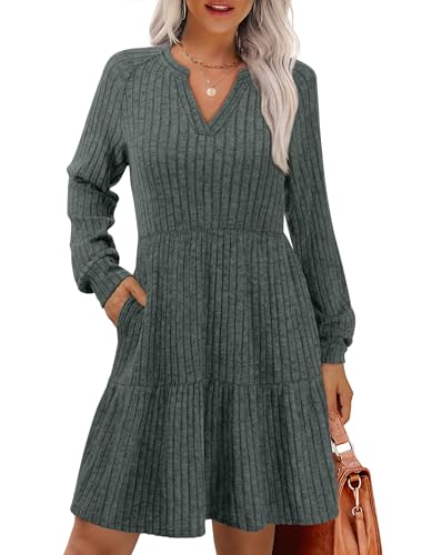 IWD Womens V Neck Long Sleeve Dress with Pockets Casual A-Line Knee Length Fall Knit Sweater Dresses 2025