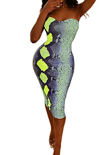 Giovacker Women s Bodycon Dress Sexy Snake Skin Print Strapless Midi Dress Sleeveless Off Shoulder Party Club Outfits Green
