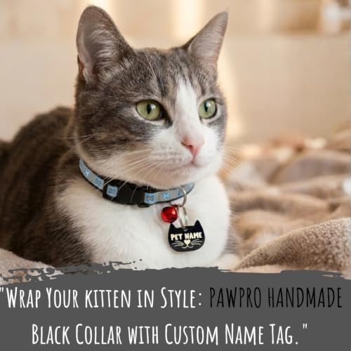 Image of PAWPRO HANDMADE Reflective Pet Collar with Custom ID Tag - Adjustable Collar with Bell for Cats & Small Dogs - Personalized Name Tag (Gray Sketch)