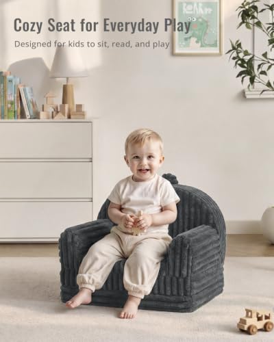 Image of Blissful Diary Foldable Kids Couch, 2-in-1 Comfy Kids Chair for Reading, Playroom, Kids Couch Sofa for Girls Boys Birthday Gift, Dark Gray