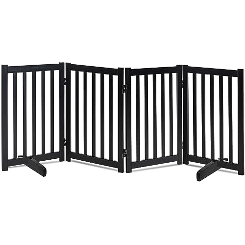 LZRS Wooden Free Standing Dog Gate 80" W x 30" H, Foldable Solid Hardwood Pet Safety Fence for House Doorways, Stairs, Hallways, Step-Over Pet Barrier, No Drill Easy Setup, Black