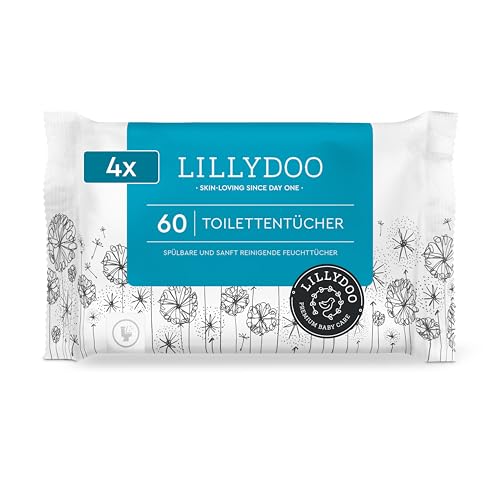 Toallitas húmedas WC LILLYDOO, 60 toallitas, toallitas libres de plástico y desechables, sin perfumes (Paquete de 4)