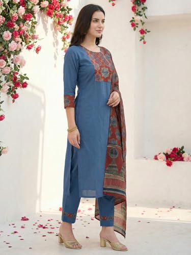 Image of INDO ERA Women's Straight Pure Cotton Floral Self Design Kurta & Pant With Dupatta Set | Kurta Sets For Woman