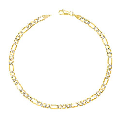 Nuragold 10k Real Yellow Gold Figaro Link 3.5mm Diamond Cut Pave Chain Bracelet (7