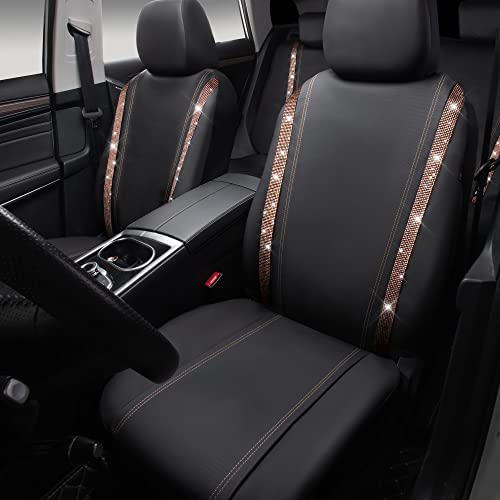 Image of CAR PASS Bling Diamond Car Seat Covers Full Sets, Shining Rhinestone Waterproof Faux Leather, with Zipper, Universal Fit Automotive Glitter Crystal Sparkle Strips Cute Women Girl, Champagne Gold
