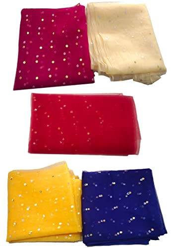 Image of Dual Color Combo of 42inch Width Dotted Mesh Net Fabric for Decoration, Fruit /Dryfruit /Gift Packing & Tray Packing (3 Meter Each Color, Blue, Red, Golden, Rani &Yellow)
