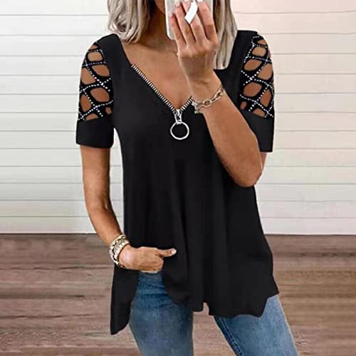 Women Casual T-Shirt Loose Fit Short Sleeve Zipper Tops V Neck Cut Out Rhinestone Tunic Tee Sexy Cold Shoulder Blouse Black #TOP5