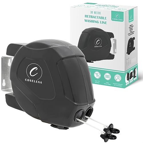 Coselena 30m Retractable Washing Line – Heavy-Duty Twin Clothes Line with Hook – Extendable Non-Slip Clothes Dryer for Indoor & Outdoor Use – Black