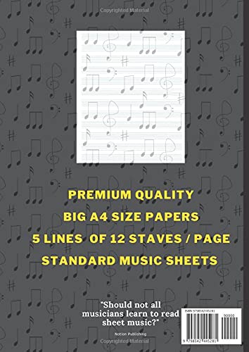 Blank Music Manuscript Book A4 Size: 12 Staves per Page with 100 High Quality Premium Pages with Space for Song Title Name, Date & Notes | Used for ... Songwriting Journal (Notebook for Musicians) image 3