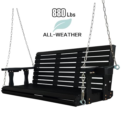 Image of Fortune Candy Wooden Porch Swing 3-Seater, with Cupholders, Chains and Springs, Heavy Duty 880 LBS (Iron Black, 5 FT Extra Large)