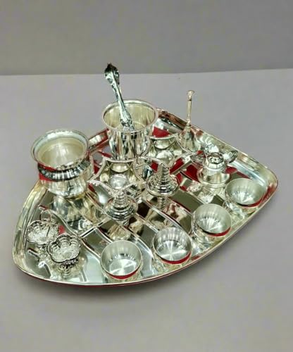 indiancraftbykanika Silver Plated Leaf Shape Pooja thali Set - 13 Pieces Set for Diwali/Housewarming Pooja