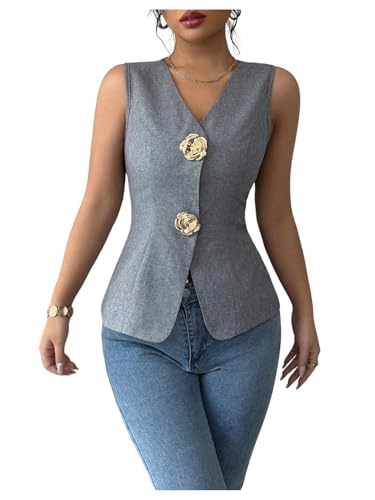 GORGLITTER Women's 3D Flower Metallic Vest Tops Button Up Waistcoat V Neck Sleeveless Vest Blazers