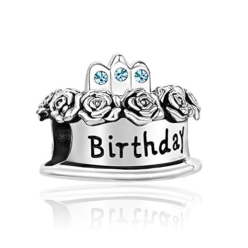 Image of Birthstones Happy Birthday Cake Charms Compatible with Pandora Charms Moments Bracelets Candle Crown Celebration Beads