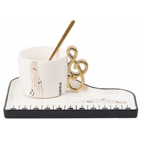 eKsdf Musiknoten Keramik Espressotassen mit Unterteller und Löffel Kreative Klavier Kaffeetasse Cappuccino Tassen 200ml Porzellantasse Mochatassen Set Geschenk (Weiß)