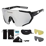 FREE SOLDIER Gafas de Sol Polarizadas con 3 Lentes Intercambiables para Hombres y Mujeres Gafas Ciclismo UV400 Gafas Fotocromaticas Ligeras para Navegar, Pescar, Conducir(Negro + Gris-Plata)