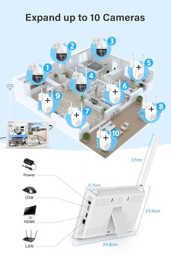 Jennov Überwachungskamera Set Aussen WLAN mit 10''Monitor 10CH Wireless NVR, 4 Pcs 5MP 360° PTZ WiFi Kameras mit 2 Wege Audio, Spotlight Alarm, Farbe Nachtsicht, Automatische Verfolgung, 1TB HDD