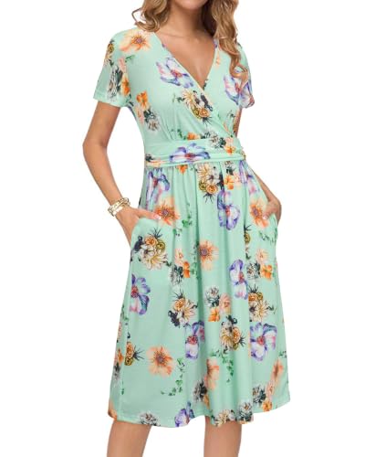 Image of Newshows Women's Pockets Wrap V Neck Floral Summer Vacation Casual Sundress | Wrinkle Free, Stretchy, Summer Beach Floral Sundress 2026, Casual Dress for Vacation, Guaduation, Side Pockets, A-line
