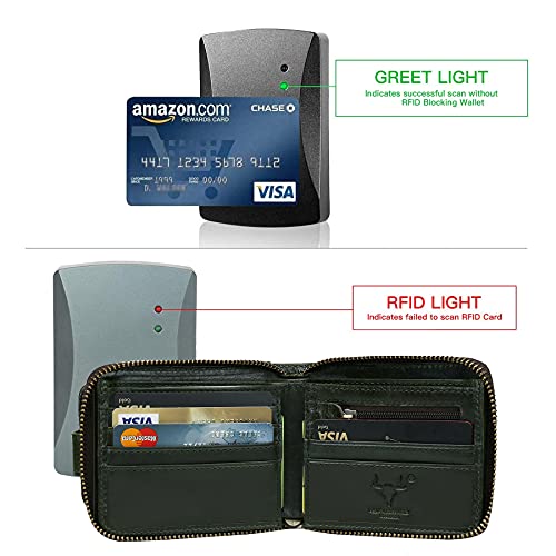 Image of MING CLAN Leather RFID Blocking Bifold Wallet For Men With Zipper, Flap ID Window Zip Coin Pocket, Big Capacity Credit Card Holder For Travel, Green, Medium, Zipper Wallet