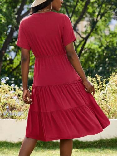 Image of PerZeal Women's Casual Tiered Midi Dress with Pockets - V Neck Short Sleeve Elastic Waist Ruffle Summer Dress for Daily Wear