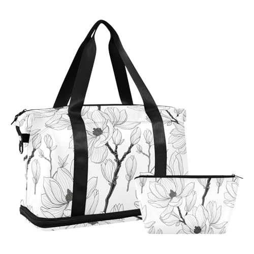 Flower Line White Travel Duffel Bag for Women Men Gym Bag with Shoe Compartment Wet Pocket Carry On Weekender Overnight Bags for Airline Travel Under Seat2