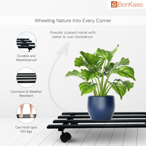 Image of BonKaso Rectangular Metal Plant Stand (Set of 2) with Wheels for Indoor & Outdoor Use (60x 22.9 x7.6 Cm) | Heavy Duty Flower Pot Holder | Holds Up to 100kg | Corner Plant Rack for Heavy Plants - Black