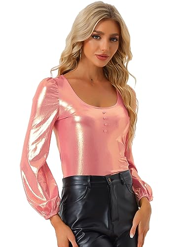 Image of Allegra K Metallic Blouse for Women's Sparkly Party Club Shiny Bishop Sleeve Disco Glitter Tops