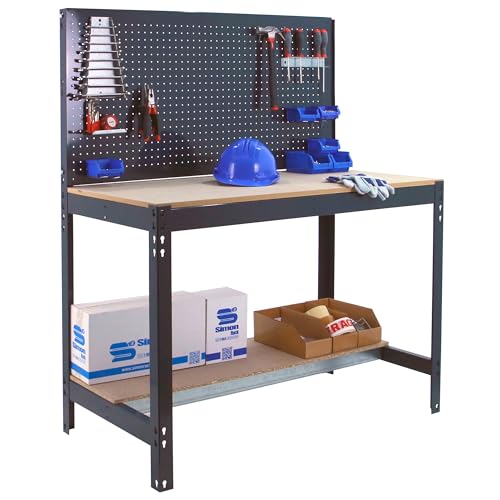 SimonRack Etabli d’Atelier, Capacité de Charge 400 kg, 1445x910x610 mm, Panneau Perforé, Table de Travail Bricolage, Anthracite/Bois - BT2