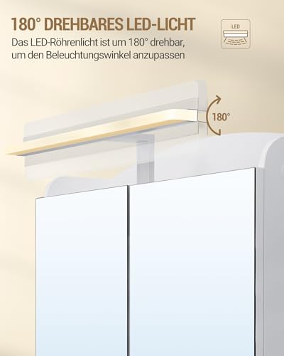 Hzuaneri Spiegelschrank Bad mit Beleuchtung, Badezimmerschrank mit Spiegel, Wandschrank, Haartrockner-Halter und Haken, mit Stecker, Verstellbarer Etagen, Weiß, 16,5 x 60 x 68,5 cm MC10003XEU
