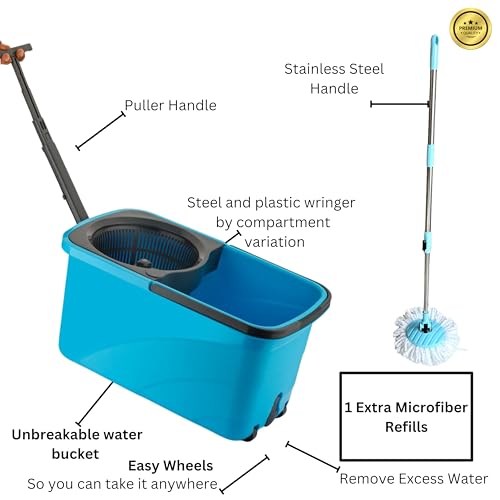 Image of RAYMOX Spin Mop for Home Cleaning Floor with Bucket Set | 360 Magic Mop with Easy Wheels, Drain Outlet & Microfiber Head | Pocha Machine for Floor Cleaning - ( Plastic Wringer)