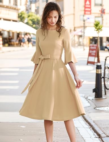 Image of HomRain Women's Church Dresses Modest Bell Sleeve Wedding Guest Cocktail Tea Party Vintage Evening Dress