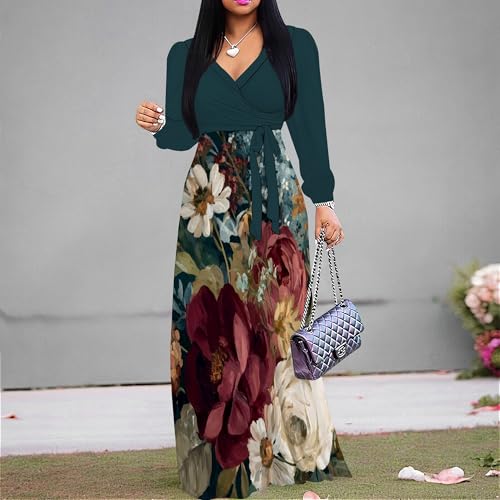 Image of Women's Plus Size Maxi Dresses Long Sleeves V Neck Floral Print Bohemian Swing Long Dress with Belt
