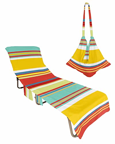 Colorful Vertical Stripes Beach Chair Cover with Pockets, Microfiber Quick Dry Chaise Lounge Cover, Orange Pool Lounge Chair Covers Towel for Sunbathing Patio Garden