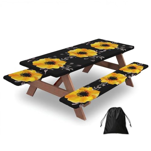 Mantel de mesa con flores amarillas y fundas para tus días de camping en coche