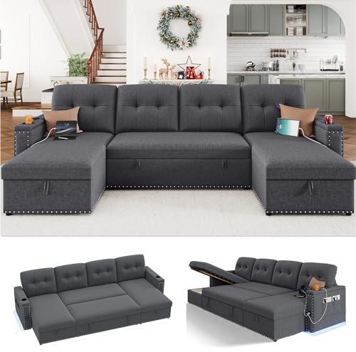HIFIT 106' Sectional Couches for Living Room- Pull Out Sleeper Sofa Couch w/Storage Chaise,Storage Armrest,LED Light&USB Port&Cupholder, Modern Linen U Shaped Home Sofa Living Room Furniture Set, Grey