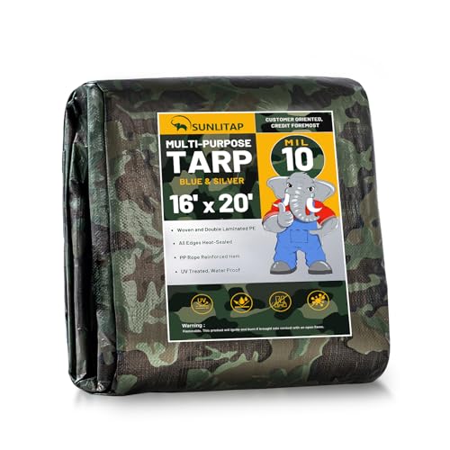 10 Mil Heavy Duty Waterproof Tarps, 16x20 Ft Finished Size Tarps, Premium Tarp with Metal Grommets & Reinforced Edge, Multipurpose Thick Poly Tar for Car, Boat, Roof, Camping - Camouflage