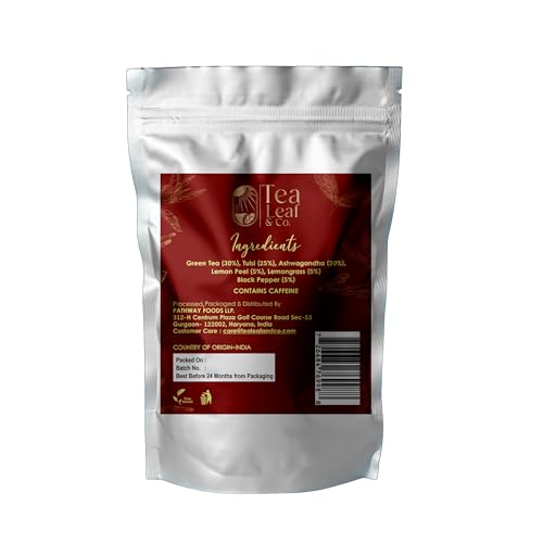 Image of Tulsi Ashwagandha Green Tea Bags (50 Count), Green Tea with Tulsi, Ashwagandha, Lemongrass and Black Pepper, Caffeinated, Real and Natural Green Tea, Blended with Fresh Herbs and Spices, Gluten Free