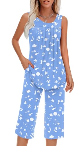 Image of Findsweet Women Pajamas Sets Loungewear Soft Sleepwear Two Piece Summer Sleeveless Pjs Tank Top Pants with Pocket S-4XL