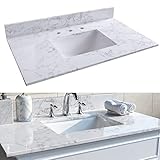 37 Inch Marble Vanity Top with Undermounted Rectangular Ceramic Sink & Backsplash, Carrara White Engineered Stone Countertop for Bathroom Kitchen Cabinet (3 Holes)