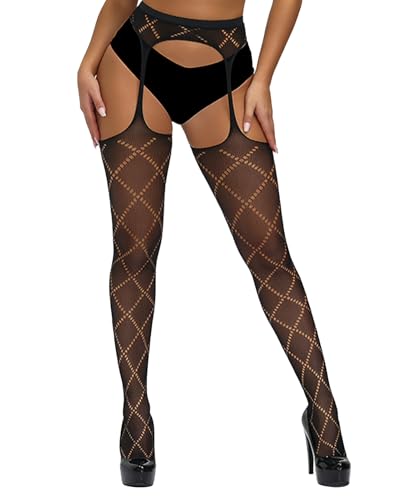 Image of Sesiwadbe Womens Fishnet Patterned Tights High Waist Suspenders Pantyhose Thigh High Stockings