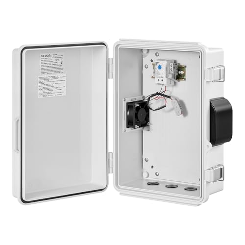VEVOR Caja de Distribución Eléctrica de ABS, Armario de Distribución Impermeable con Termostato y Ventilador, Placa de Montaje, Pasacables, Carcasa de Plástico Ventilada, para Pared, 27,5x15x35 cm