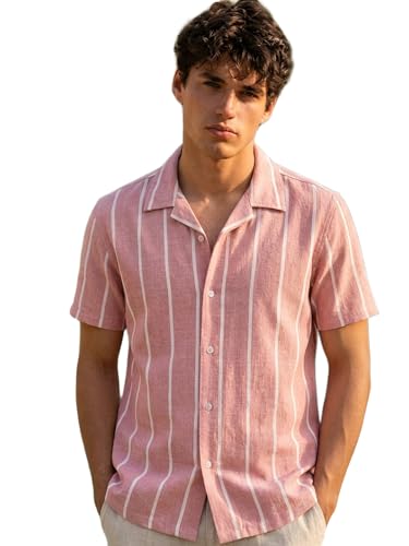Image of Urbano Fashion Men's Cotton Half Sleeve Relaxed Fit Linen Striped Shirt with Cuban Collar