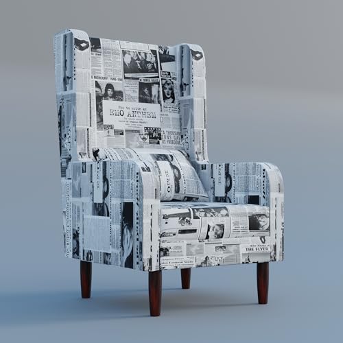Image of Custom Decor Wooden Wing Chair with Ottoman Stool | Wingback for Living Room | High Density Foam | Accent Chair for Seating, Home Decor Furniture | (Vintage Newsprint 2, with Ottoman)