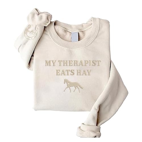 GodLover Personalized Embroidered Horse Sweatshirt, Custom My Therapist Eats Hay Sweatshirt, Custom Horse Shoe With Name On Sleeve, Horse Lover Sweatshirt, Horse Rider Gift, Horse Owner Gift, Medium