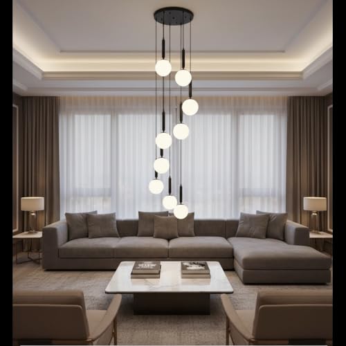 Image of Avior Long Height Chandelier for Staircase, Double Height Jhoomar Hanging Light for Hall Ceiling, Lamp for Living Room, Restaurant (9 Lights Round Cluster Jhoomer|Jhumer, 7.5 Feet Spiral Shape)