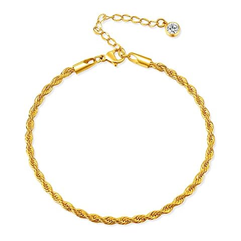 QJLE Gold Anklets for Women Waterproof, 3mm Stainless steel Braided Rope Chain 18K Gold Plated Anklet Ankle Bracelets for Women No Tarnish Cover